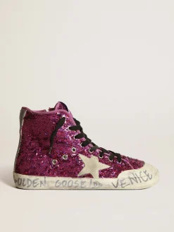 Shop Golden Goose Tênis Francy com lantejoulas e escritas à mão no solado Cabedal em tecido com lantejoulas difusas