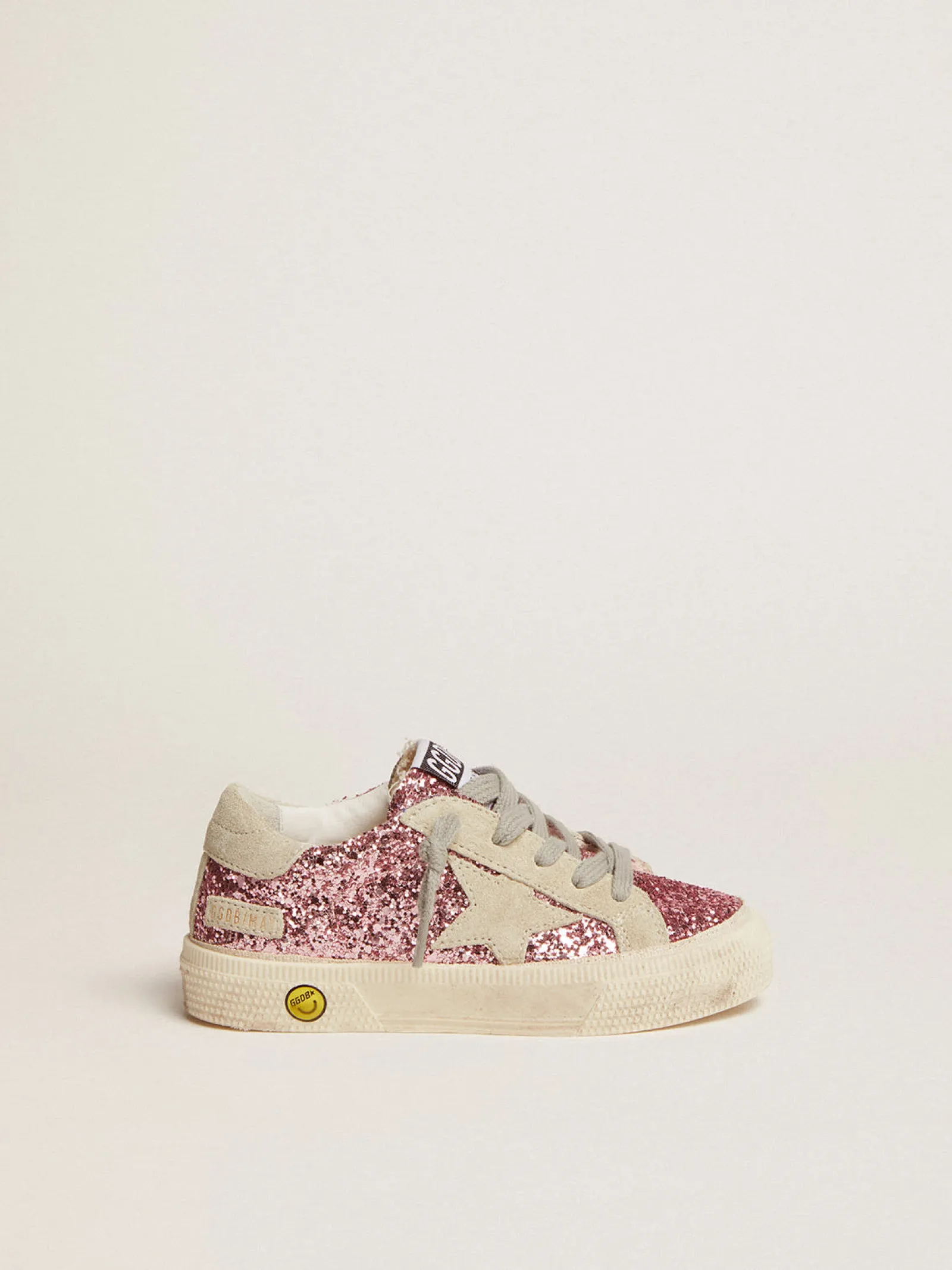 Sale Golden Goose Tênis May de glitter rosa com estrela e talão de suede cinza gelo Cabedal de glitter rosa
