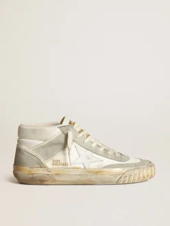 Best Golden Goose Tênis Mid Star Masculino com inserções de suede cinza gelo e estrela de couro branco Cabedal de napa branca