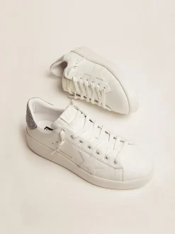 Discount Golden Goose Tênis Purestar de couro branco com talão de cristais prateados Cor: branco e prata
