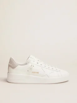 Cheap Golden Goose Tênis Purestar de couro branco e talão com glitter champanhe Cor: branco e champanhe