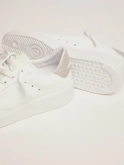 Cheap Golden Goose Tênis Purestar de couro branco e talão com glitter champanhe Cor: branco e champanhe