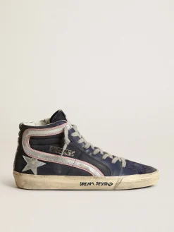 Store Golden Goose Tênis Slide LTD de náilon azul-escuro com estrela e lista de couro metálico prateado Cabedal de náilon azul-escuro
