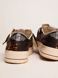 Fashion Golden Goose Tênis Stardan de couro cavalinho com estampa de leopardo e estrela preta Cabedal de couro cavalinho com estampa de leopardo e couro branco