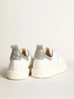Fashion Golden Goose Tênis Starter em couro branco com talão de glitter prateado Cor: branco