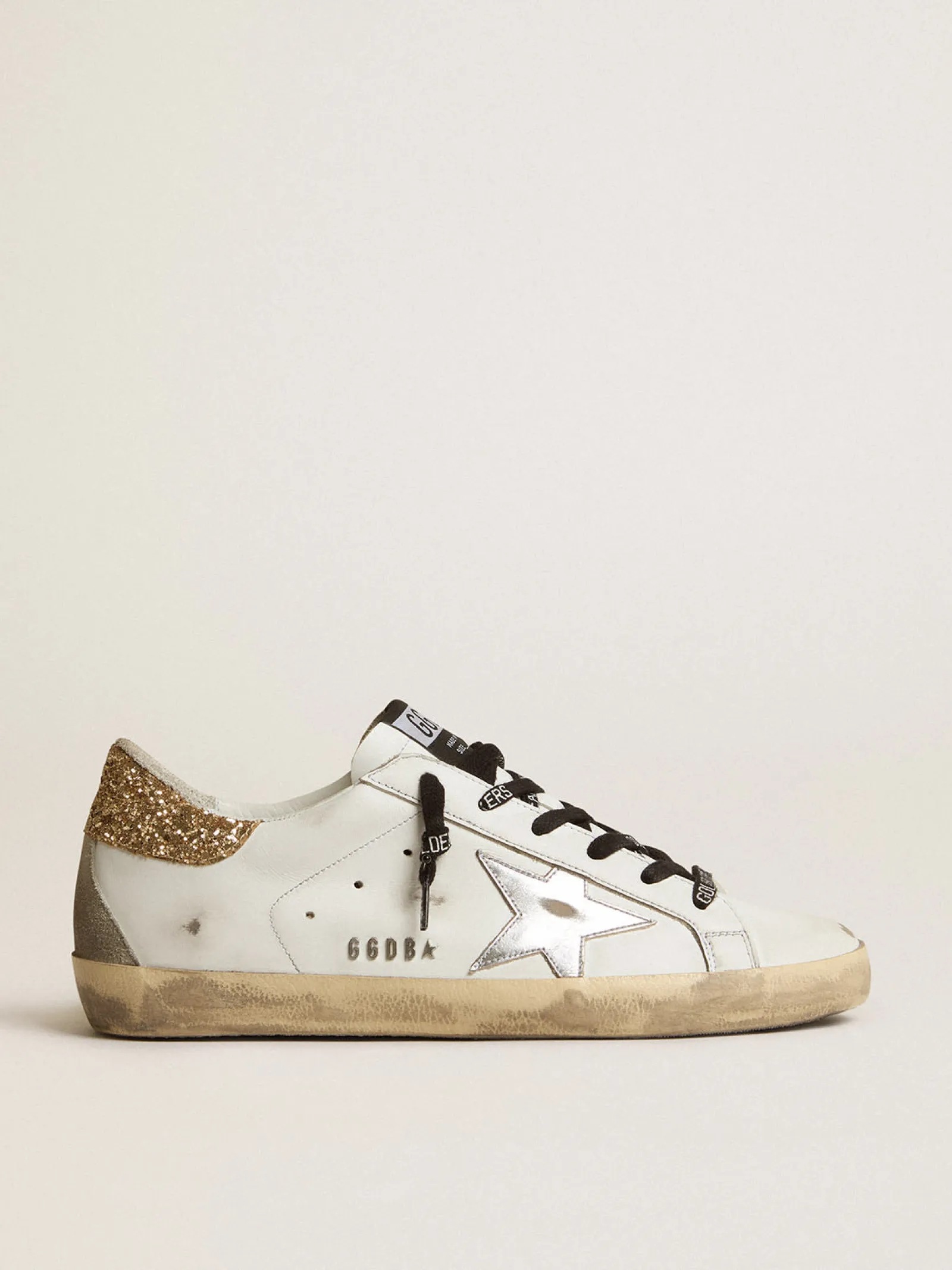 Online Golden Goose Tênis Super-Star branco de couro com talão de glitter Cabedal branco de couro