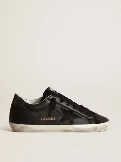 Sale Golden Goose Tênis Super-Star de napa preta com estrela de suede preto e talão de glitter preto Cabedal de napa preta