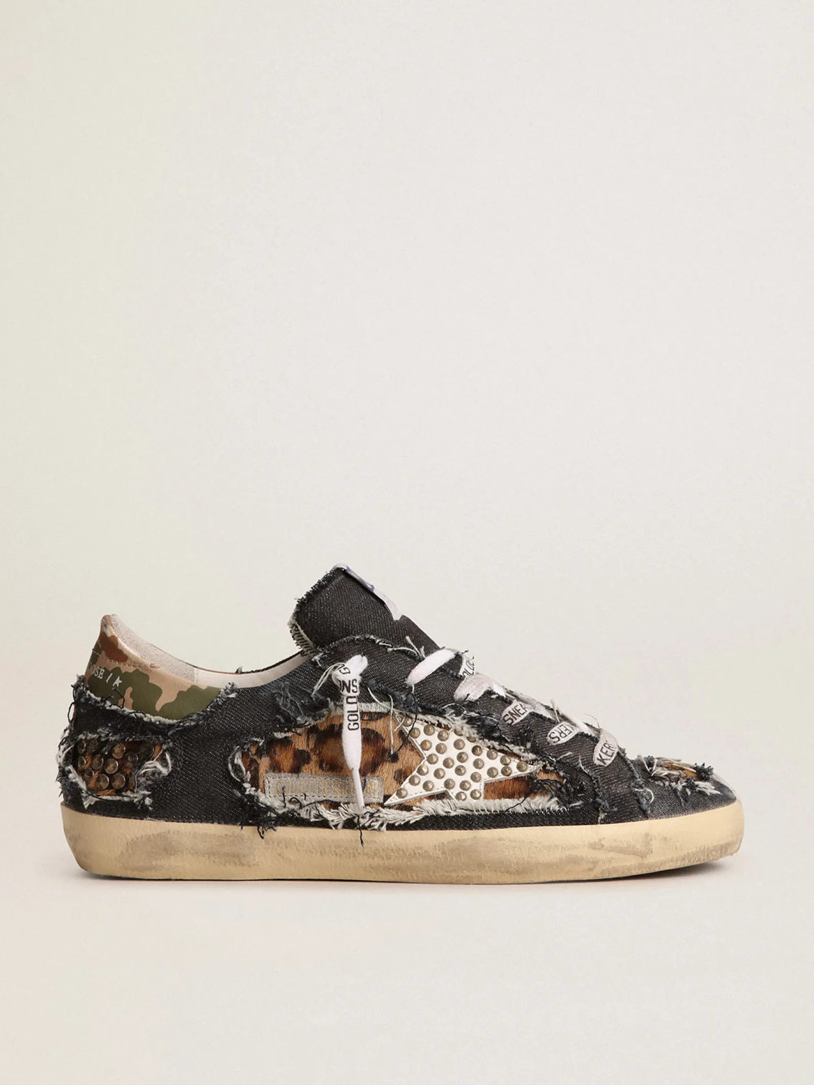 Clearance Golden Goose Tênis Super-Star feminino LAB de jeans e couro cavalinho com estampa de leopardo Cabedal de jeans e couro cavalinho com estampa de leopardo