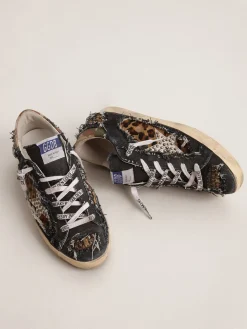 Clearance Golden Goose Tênis Super-Star feminino LAB de jeans e couro cavalinho com estampa de leopardo Cabedal de jeans e couro cavalinho com estampa de leopardo