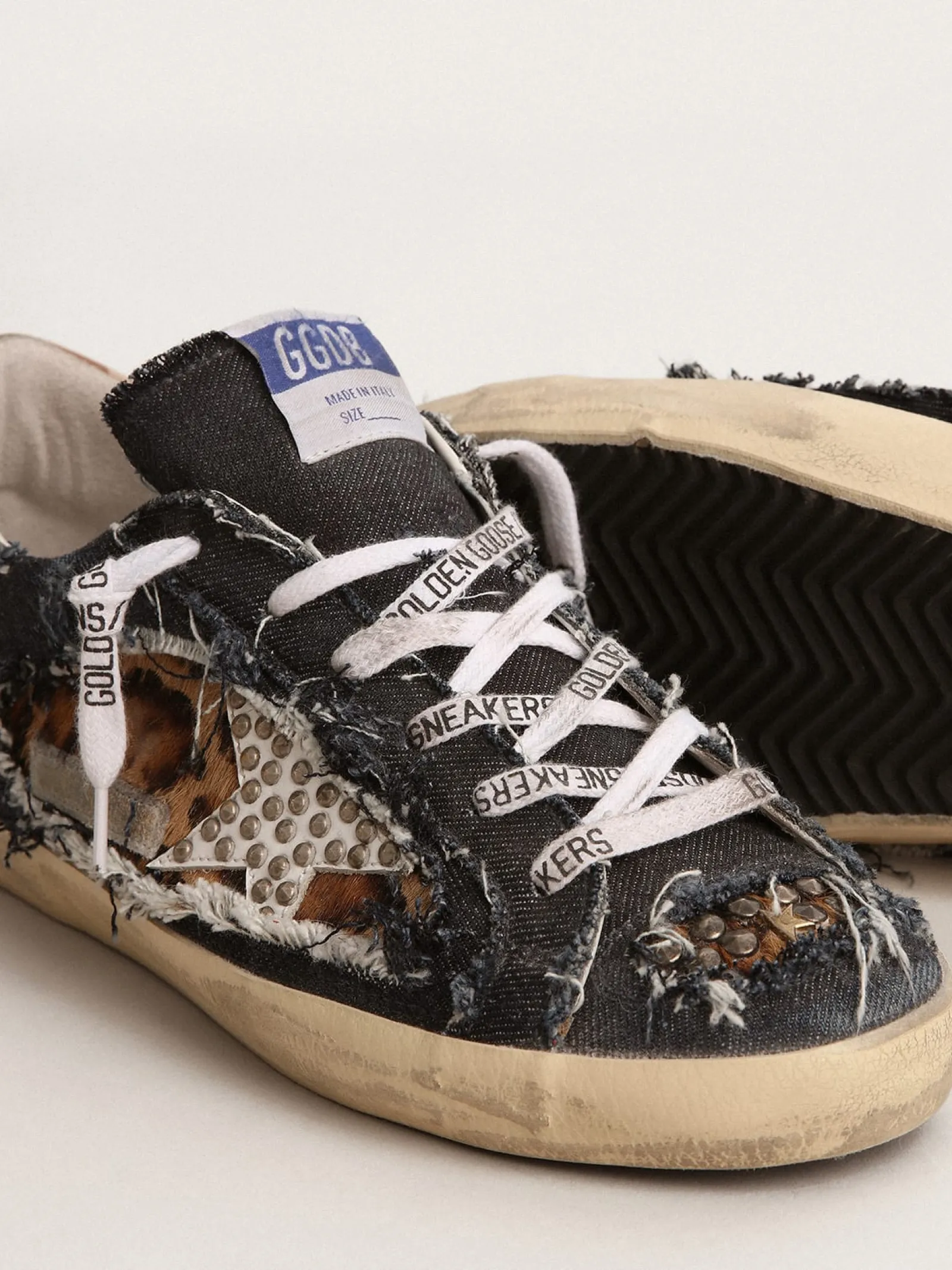 Clearance Golden Goose Tênis Super-Star feminino LAB de jeans e couro cavalinho com estampa de leopardo Cabedal de jeans e couro cavalinho com estampa de leopardo