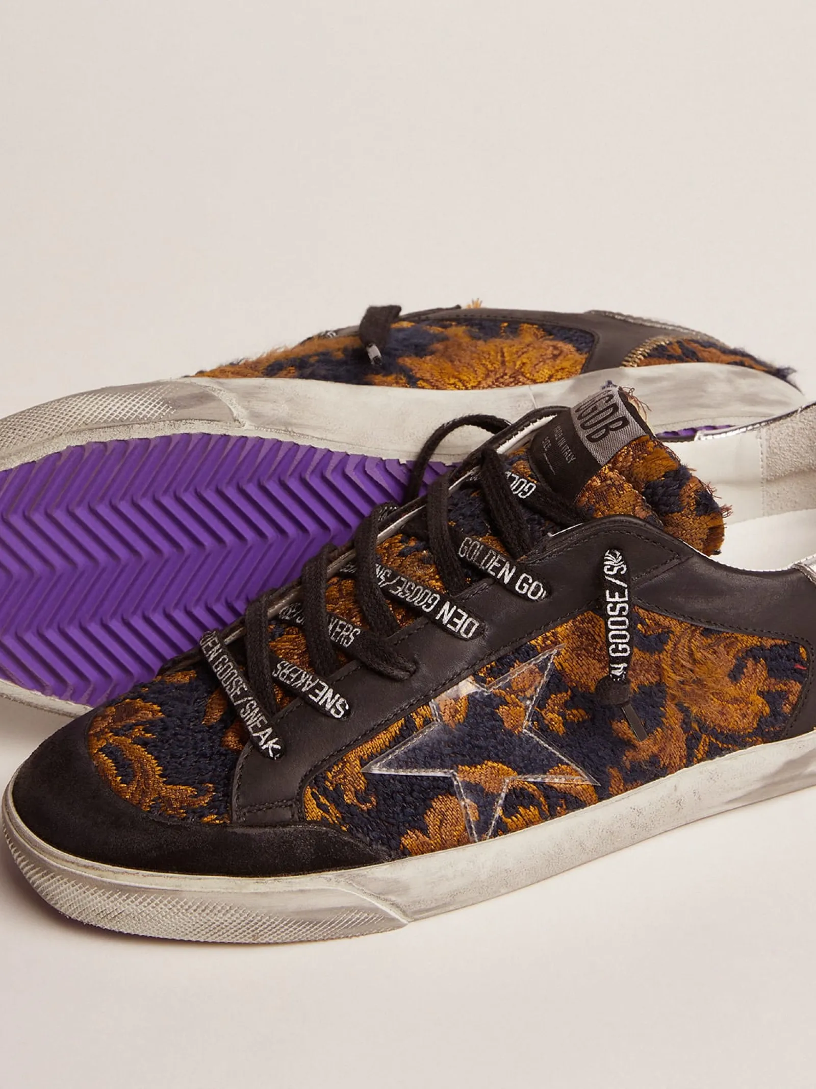 Online Golden Goose Tênis Super-Star feminino Penstar LAB de jacquard brocado e estrela de PVC Cabedal de jacquard brocado