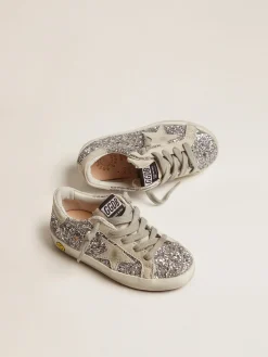 Discount Golden Goose Tênis Super-Star Junior com glitter prateado e detalhes de suede Cor: prata