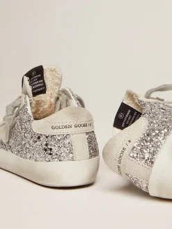 Discount Golden Goose Tênis Super-Star Junior com glitter prateado e detalhes de suede Cor: prata