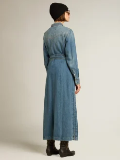 Hot Golden Goose Vestido chemise de jeans feminino com cinto Cor: azul