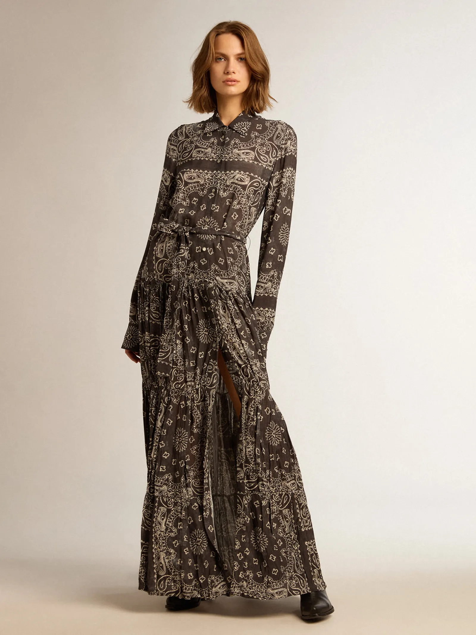 Best Sale Golden Goose Vestido chemise na cor antracite com estampa caxemira Golden Collection
