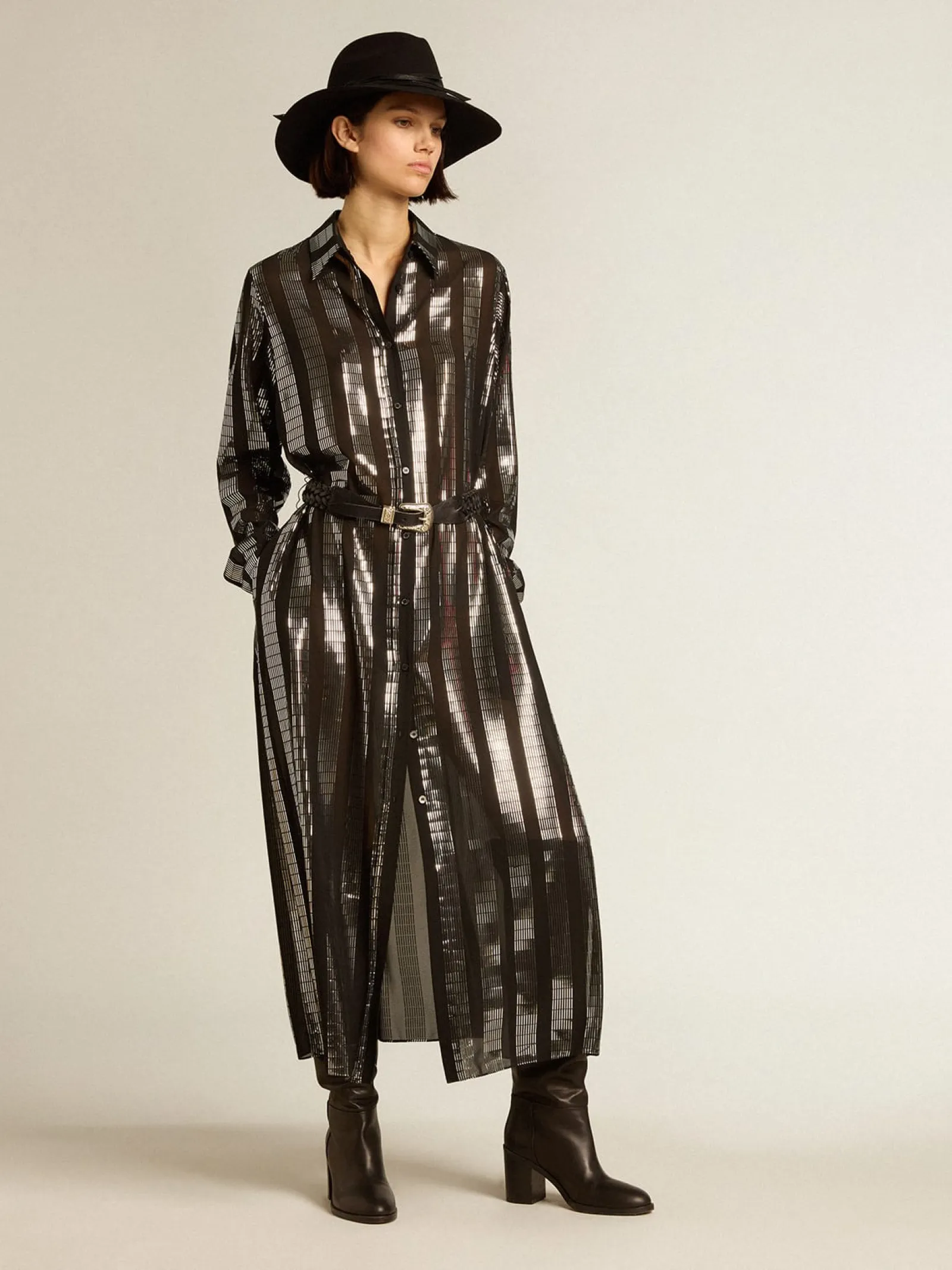 Flash Sale Golden Goose Vestido chemise preto com aplicações metálicas Coleção Journey