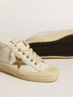 Fashion Golden Goose V-Star de couro branco com estrela de couro metálico dourado Cor: branco