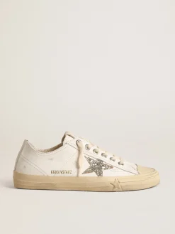 New Golden Goose V-Star de couro branco com estrela de glitter platinado Cor: branco