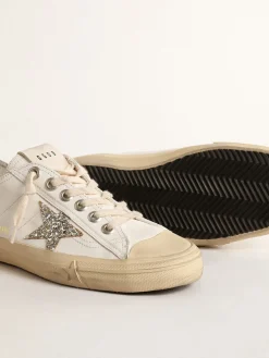 New Golden Goose V-Star de couro branco com estrela de glitter platinado Cor: branco