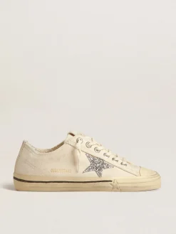 Best Sale Golden Goose V-Star de lona bege com estrela de glitter prateado Cabedal de lona bege