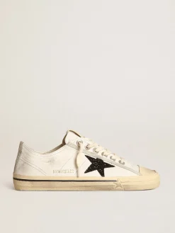 Outlet Golden Goose V-Star de napa branca com estrela de glitter preto Cabedal de napa branca
