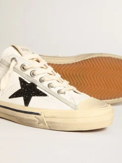 Outlet Golden Goose V-Star de napa branca com estrela de glitter preto Cabedal de napa branca