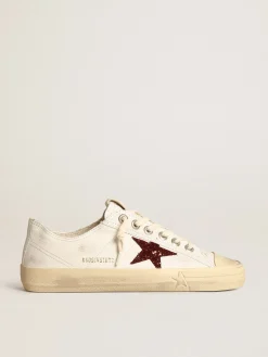 Sale Golden Goose V-Star feminino de napa branca com estrela de glitter vermelho Cabedal de napa branca