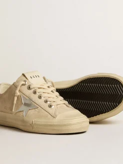 Best Golden Goose V-Star feminino de suede pérola com estrela de couro metálico prateado Cabedal de suede cor de pérola