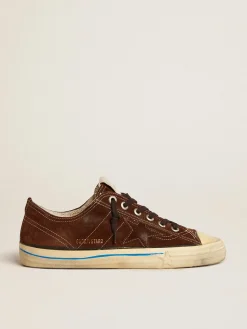 Flash Sale Golden Goose V-Star Feminino LTD de suede com estrela marrom e talão de couro verde Cabedal de suede marrom-escuro
