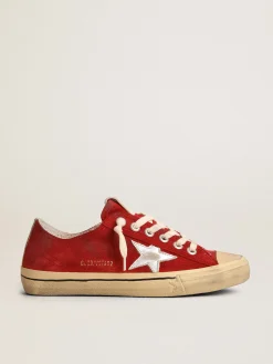 Cheap Golden Goose V-Star LTD feminino de suede vermelho escuro com estrela prateada Cabedal de suede vermelho escuro
