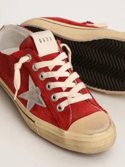 Cheap Golden Goose V-Star LTD feminino de suede vermelho escuro com estrela prateada Cabedal de suede vermelho escuro