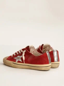 Cheap Golden Goose V-Star LTD feminino de suede vermelho escuro com estrela prateada Cabedal de suede vermelho escuro