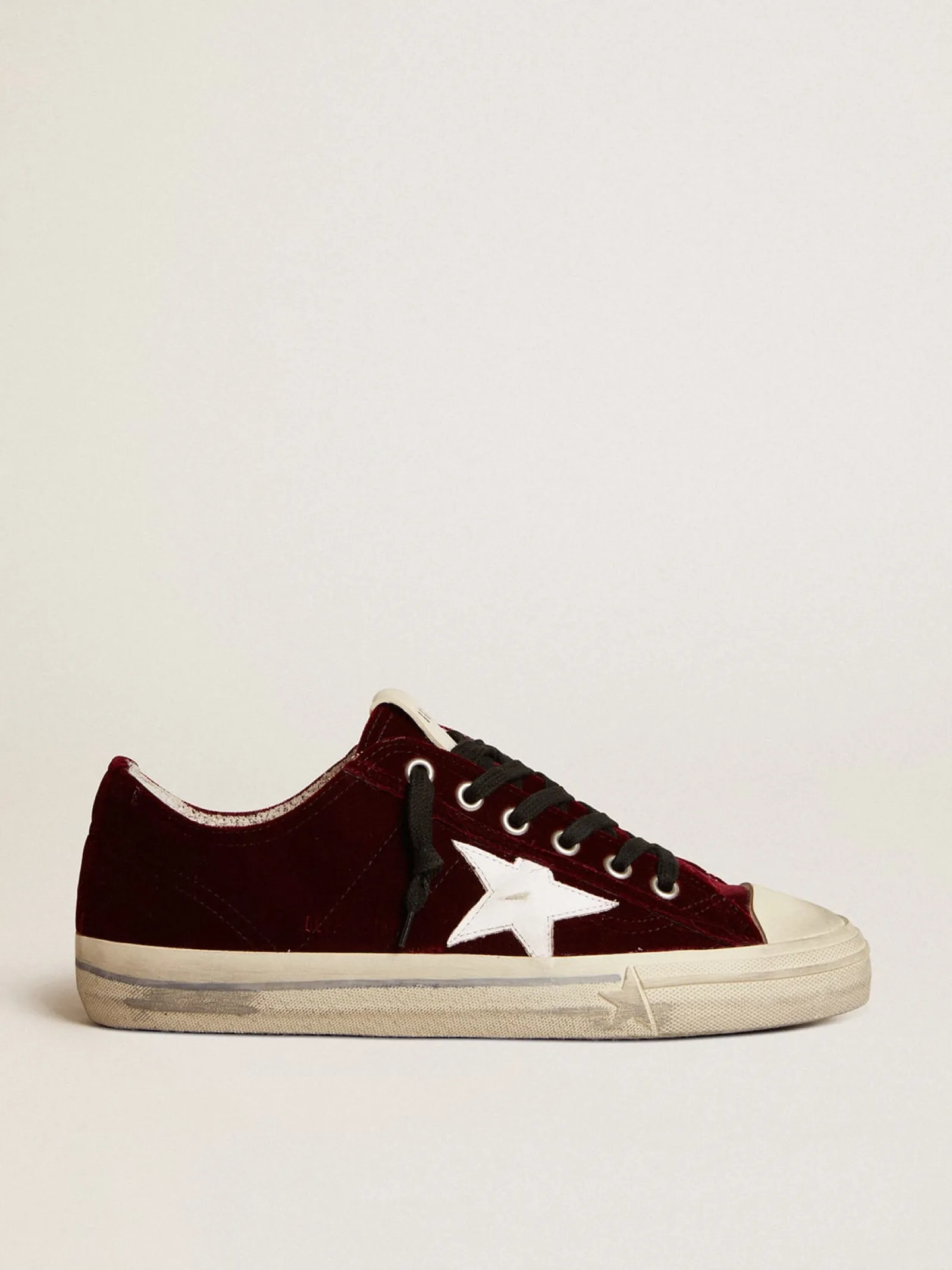 Best Sale Golden Goose V-Star Masculino LTD de veludo bordô com estrela de couro branco Cabedal de veludo bordô