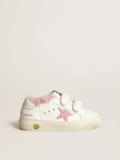 Best Golden Goose Young May School de napa branca com estrela e forro de shearling rosa Cabedal de napa branca