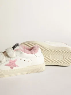 Best Golden Goose Young May School de napa branca com estrela e forro de shearling rosa Cabedal de napa branca